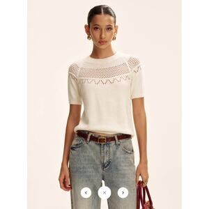 Commense Cream Openwork Yoke Scoop-Neck Short Sleeve Sweater